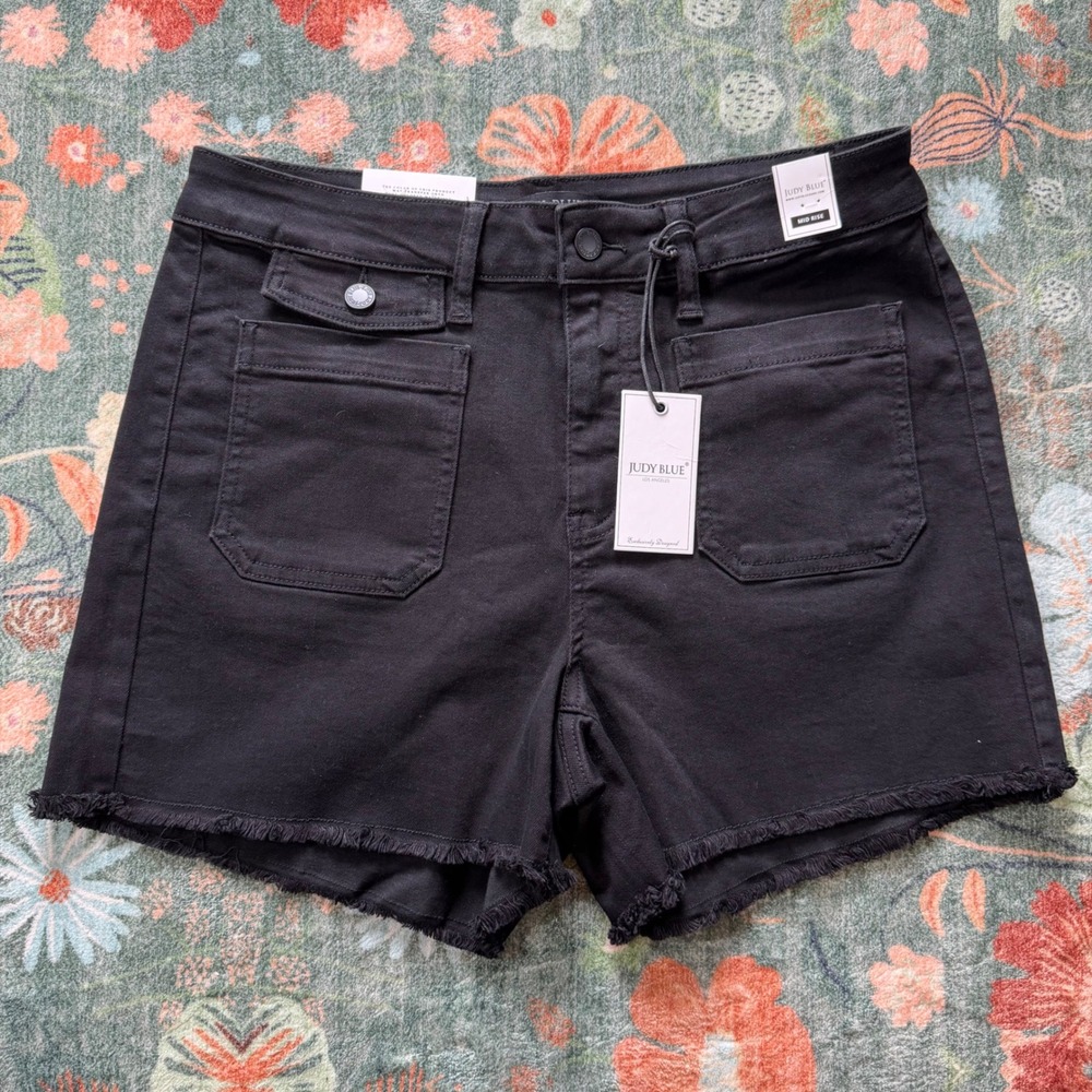 Judy Blue Black Mid Rise Raw Hem Utility Denim Shorts Womens XL New